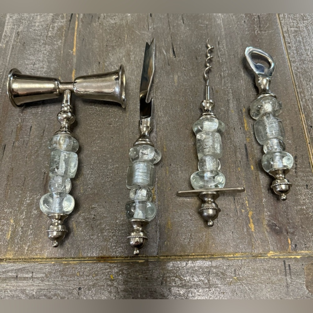 Poured Glass Beaded Handle Barware Tool Set-Vintage